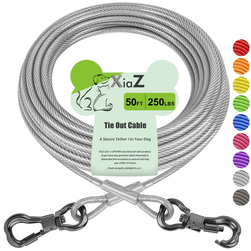 XiaZ Dog Tie Out Cable 50ft, Outdoor Runner Lead Chain Tether for Small Medium Large Dogs, 5mm Diameter Cable,11000 lbs Break Strength, Reflective Silver - Image 1